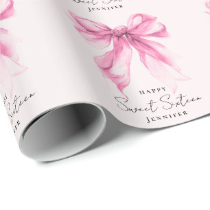 Pink Bow Coquette Script Sweet 16 Party Blush  Wrapping Paper