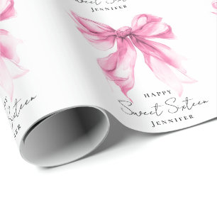 Pink Bow Coquette Script Sweet 16 Party Wrapping Paper