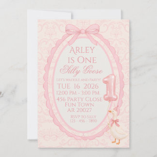 Pink Bow Coquette Silly Goose 1st Birthday Invitat Invitation