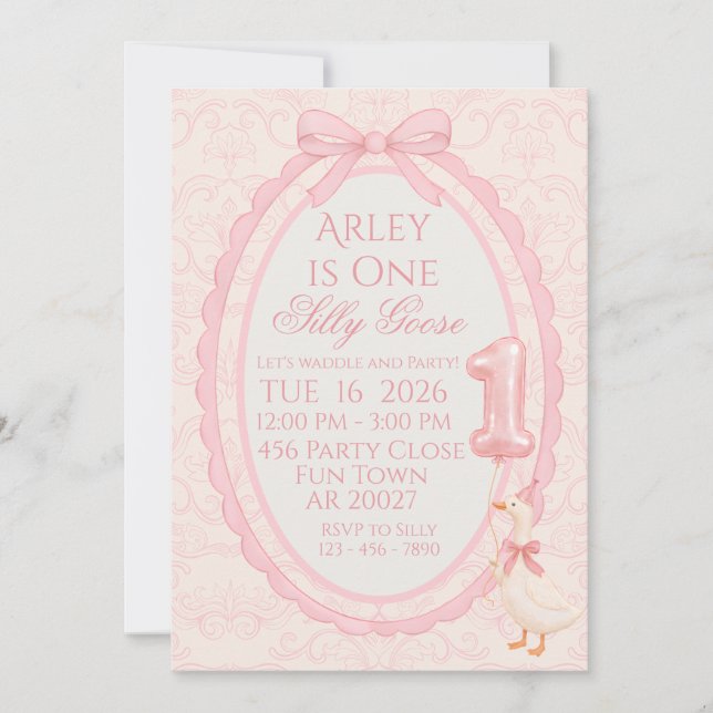 Pink Bow Coquette Silly Goose 1st Birthday Invitat Invitation (Front)