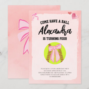 Pink Bow Coquette Softball Birthday Party Invitation
