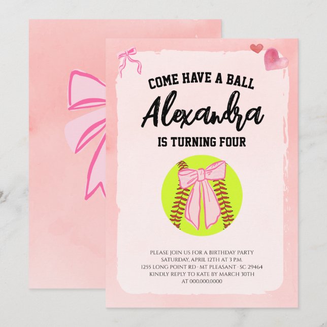 Pink Bow Coquette Softball Birthday Party Invitation (Front/Back)