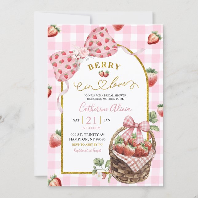 Pink Bow Coquette Strawberry Gingham Bridal Shower Invitation (Front)