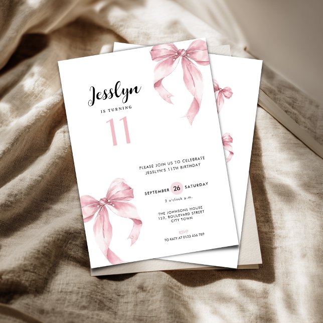 Pink Bow Coquette Sweet 11th Birthday Invitation (Pink Bow Coquette 11th birthday invitation for girls)