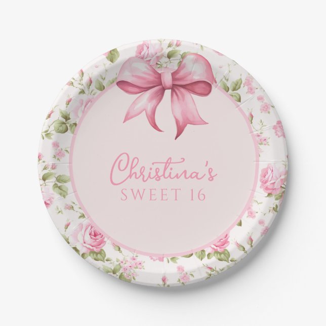 Pink Bow Coquette Sweet 16 Paper Plate (Front)