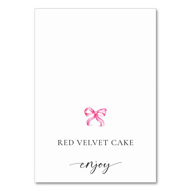 Pink Bow Coquette Tented Food Label Wedding Buffet Table Number (Front)
