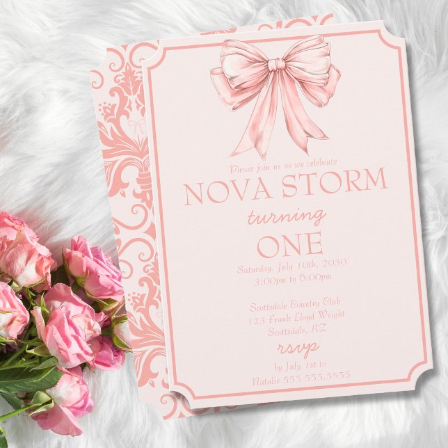 Pink Bow Coquette Toile Demask Milestone Birthday Invitation (Creator Uploaded)