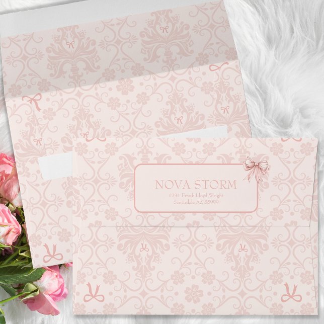 Pink Bow Coquette Toile Demask Personalised Envelope (Creator Uploaded)