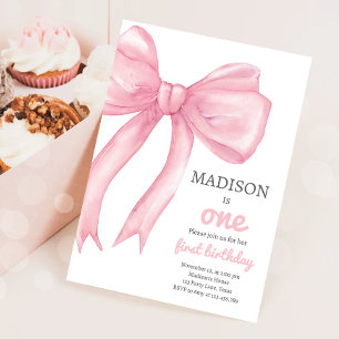 Pink Bow Coquette Wanna Be One Girl First Birthday Invitation