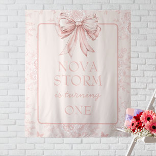 Pink Bow Coquette Whimsy Toile Custom Welcome Sign Tapestry