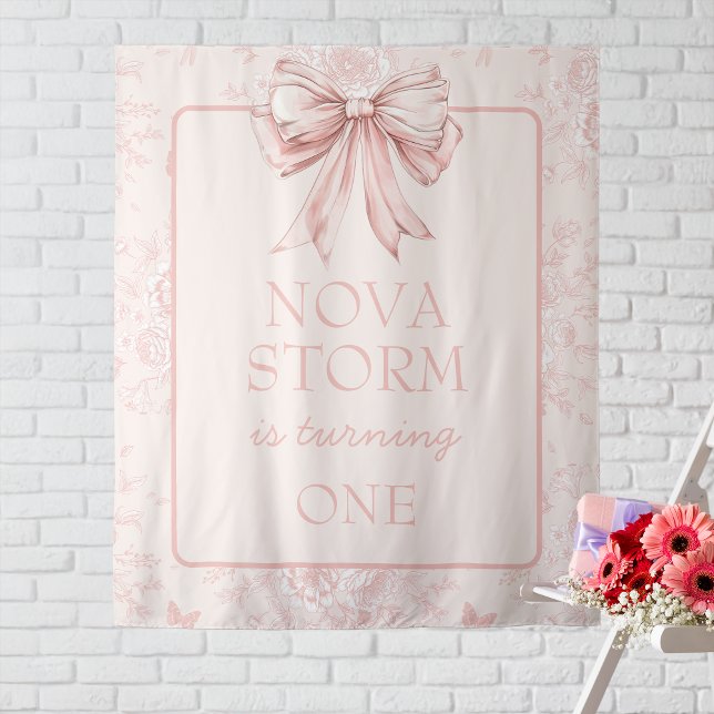 Pink Bow Coquette Whimsy Toile Custom Welcome Sign Tapestry (Creator Uploaded)