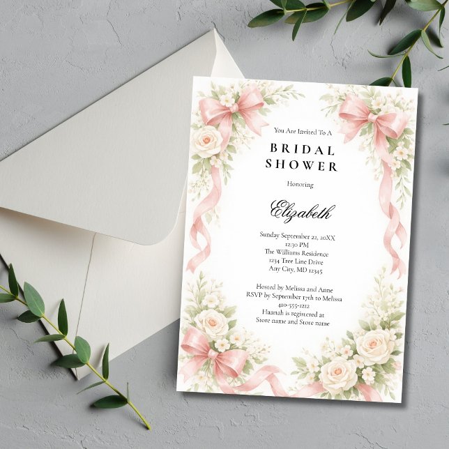 Pink Bow Coquette White Rose Florals Bridal Shower Invitation (Pink Coquette Bow, White Roses Florals, Watercolor  Bridal Shower Invitation. Printed or Digital)