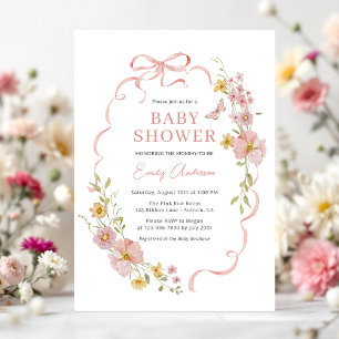 Pink Bow Coquette Wildflower Butterfly Baby Shower Invitation