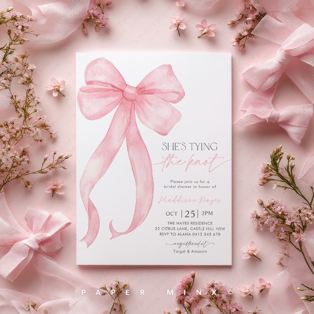 Pink Bow Corquette Tying The Knot Bridal Shower Invitation (Pink Bow Bridal Shower Invitation | She's Tying The Knot | Coquette Bridal Shower Theme)