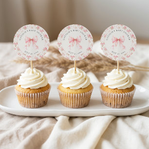 Pink Bow Cottage Floral Baby Shower Favour Topper Classic Round Sticker