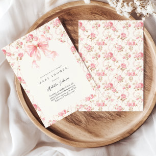 Pink Bow Cottage Floral Girl Baby Shower By Mail Invitation