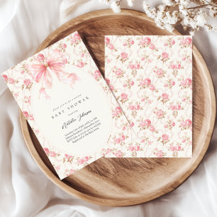 Pink Bow Cottage Floral Girl Virtual Baby Shower Invitation