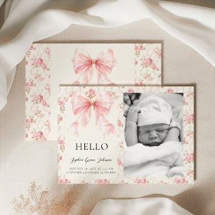 Pink Bow Cottage Floral Hello Baby Photo Announcement