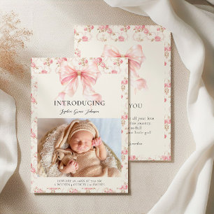 Pink Bow Cottage Floral Introducing Baby Photo Announcement