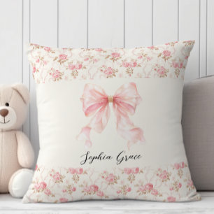 Pink Bow Cottage Floral New Baby Shower Nursery Cushion