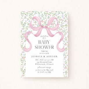 Pink Bow Cottagecore Floral Baby Shower Invitation