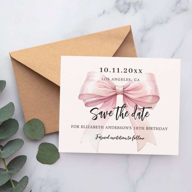 Pink bow cream birthday party Save the Date card (Creator Uploaded)