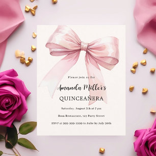 Pink bow cream elegant Quinceanera invitation