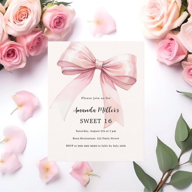 Pink bow cream elegant SWEET 16 invitation (Creator Uploaded)