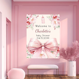 Pink bow cream florals baby shower welcome sign