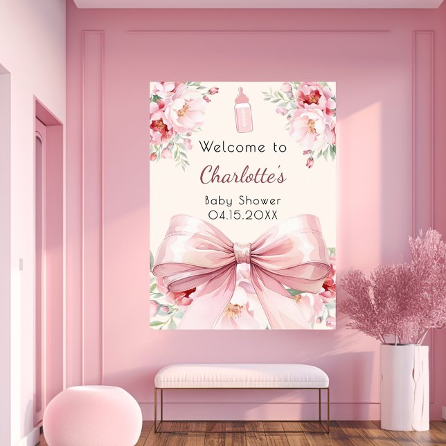 Pink bow cream florals baby shower welcome sign (Creator Uploaded)