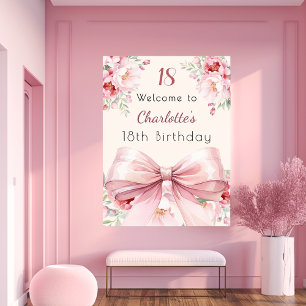 Pink bow cream florals birthday welcome sign