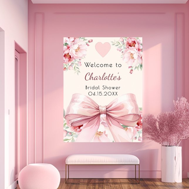 Pink bow cream florals bridal shower welcome sign (Creator Uploaded)