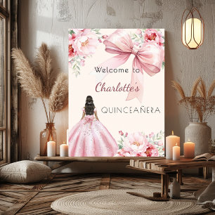Pink bow cream florals dress Quinceanera welcome Poster