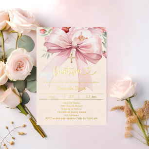 Pink bow cream florals girl Baptism gold
