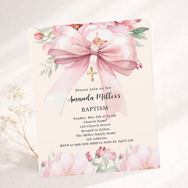 Pink bow cream florals girl Baptism invitation (Creator Uploaded)