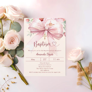 Pink bow cream florals girl Baptism Invitation
