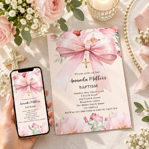 Pink bow cream florals girl Baptism Invitation