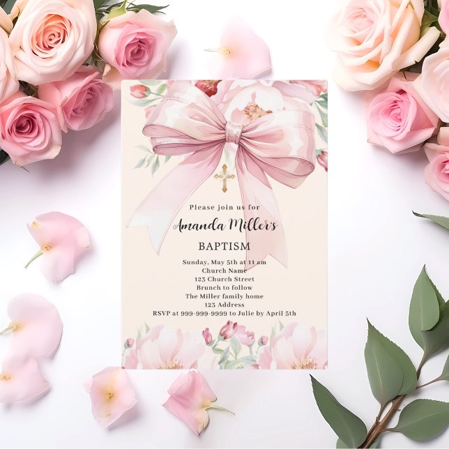Pink bow cream florals girl Baptism Invitation (Creator Uploaded)