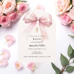 Pink bow cream girl Baptism arch Invitation<br><div class="desc">A soft beige,  cream coloured background,  decorated with a pink large bow and a golden cross. Personalise and add the name and details details.</div>