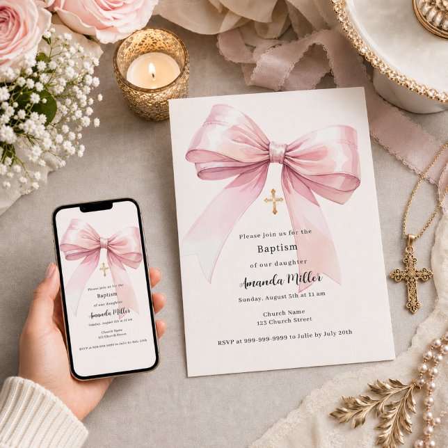Pink bow cream girl Baptism Invitation (Creator Uploaded)