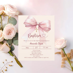 Pink bow cream girl elegant Baptism invitation