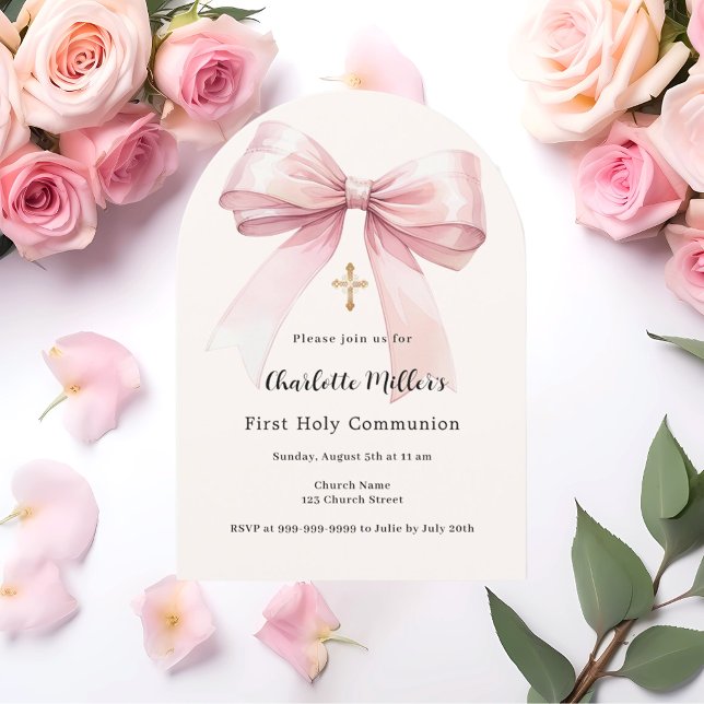 Pink bow cream girl First Communion arch Invitation (Creator Uploaded)