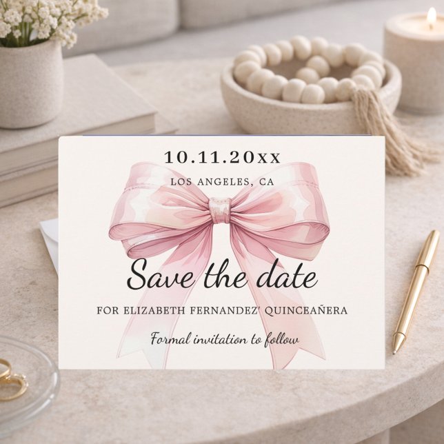 Pink bow cream Quinceanera Save the Date card (Creator Uploaded)
