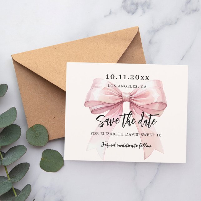 Pink bow cream Sweet 16 Save the Date card (Creator Uploaded)