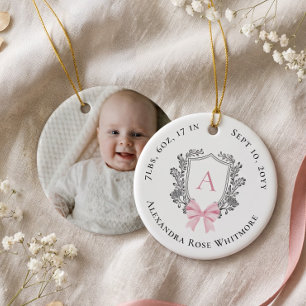 Pink Bow Crest Baby Monogram Birth Stats Photo Ceramic Ornament