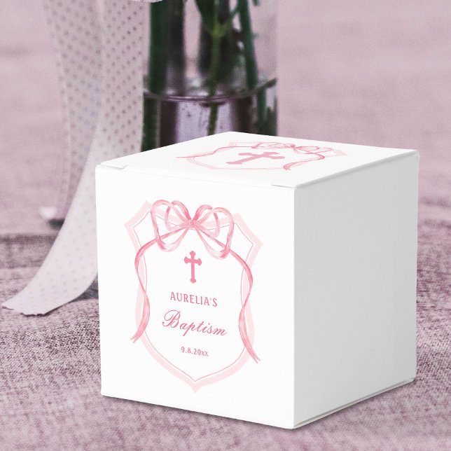 Pink Bow Crest Baptism Cube Favour Box (Creator Uploaded)