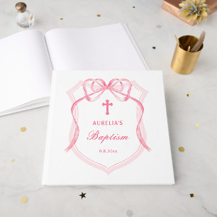 Pink Bow Crest Baptism Guest Book