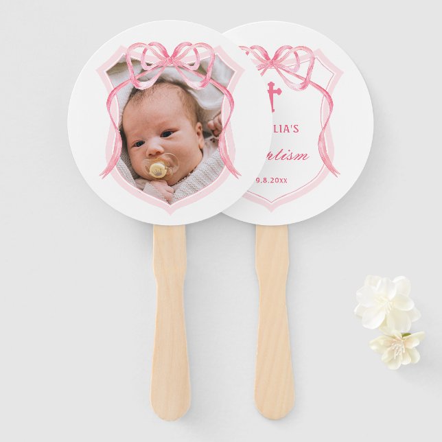 Pink Bow Crest Baptism Hand Fan (Front and Back)