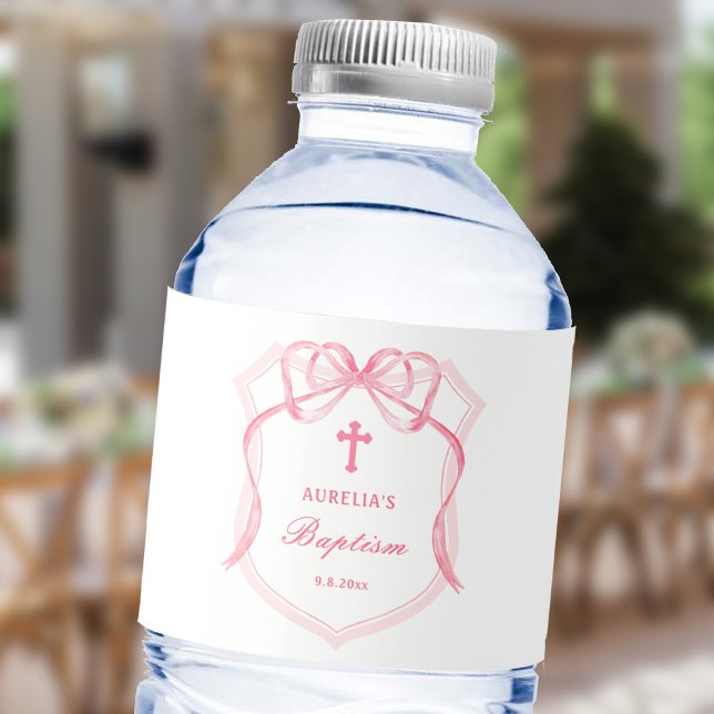 Pink Bow Crest Baptism Water Bottle Label (Creator Uploaded)