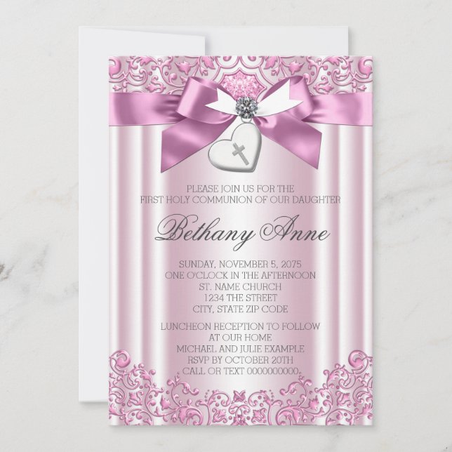 Pink Bow Cross First Communion Invitation (Front)